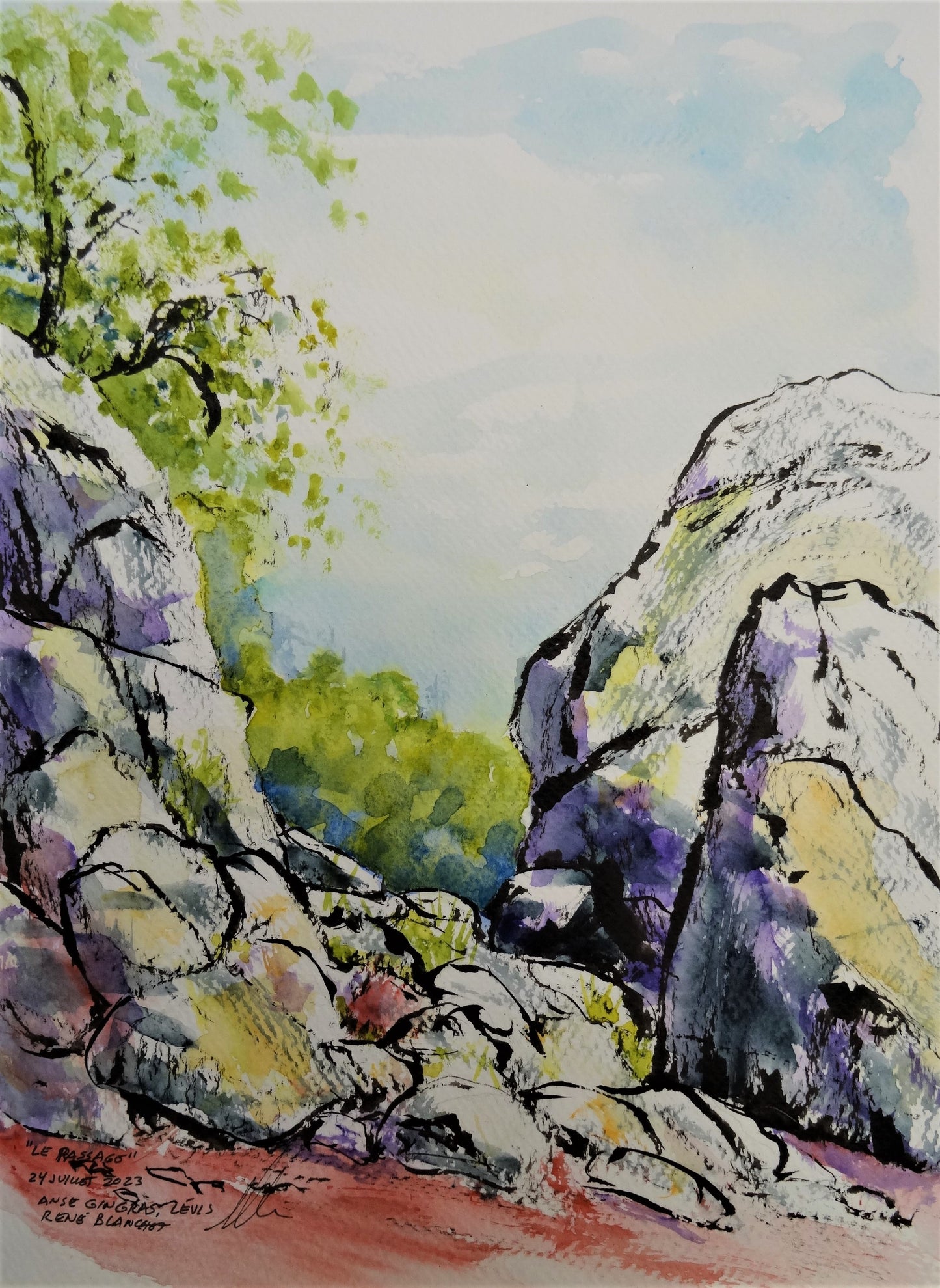 RBLA - Le passage entre les rochers, oeuvre originale à l'encre acrylique et aquarelle