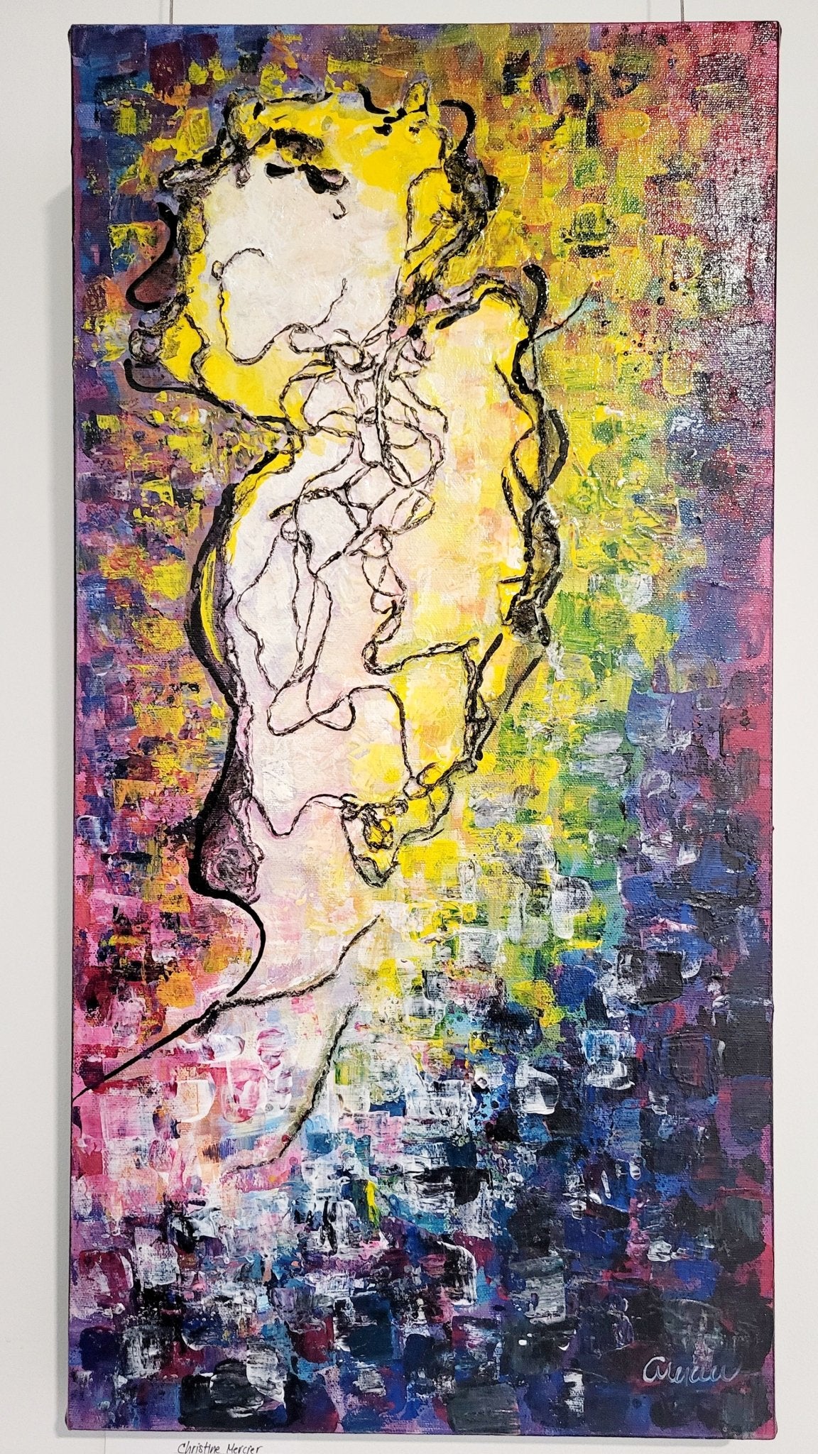 "Solaire" tableau 24 x 12 en techniques mixtes - Christine Mercier atelier - boutique - Christine Mercier art